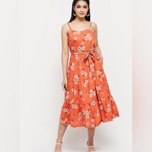 Max Summer Dress Floral Hummingbirds Sz Small Rayon‎ Sleeveless Tie Waist Tiered